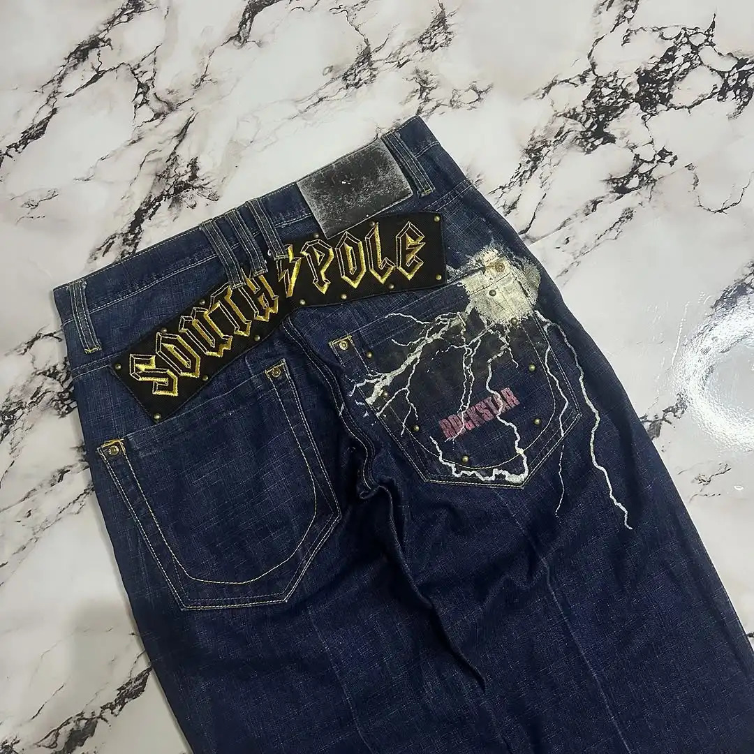 Womens Loose High Waist Y2K Jeans Street Trend Hiphop Blue Wideleg American Retro Patch Printed Straight Pants 250612