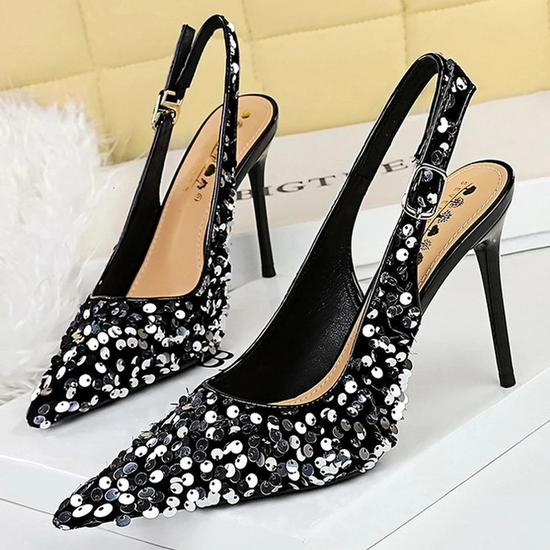 BIGTREE Spring Fashion Sequined Cloth Woman Pumps Pointed Toe Thin Heels Hollow Buckle Strap Wedding Party Elegant Ladies Shoes 250613
