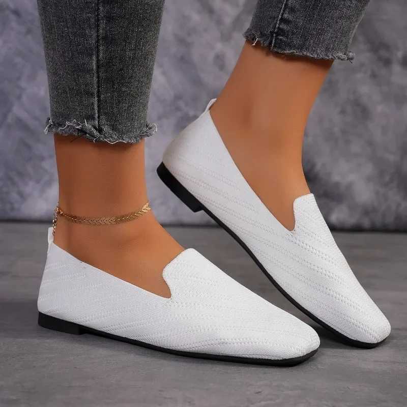 2024 Solid Color Square Toe Mesh Loafers Shallow Women Flats Shoes Soft Bottom Knit Ballet Flats Shoes Casual Slip Shoes XJ250614