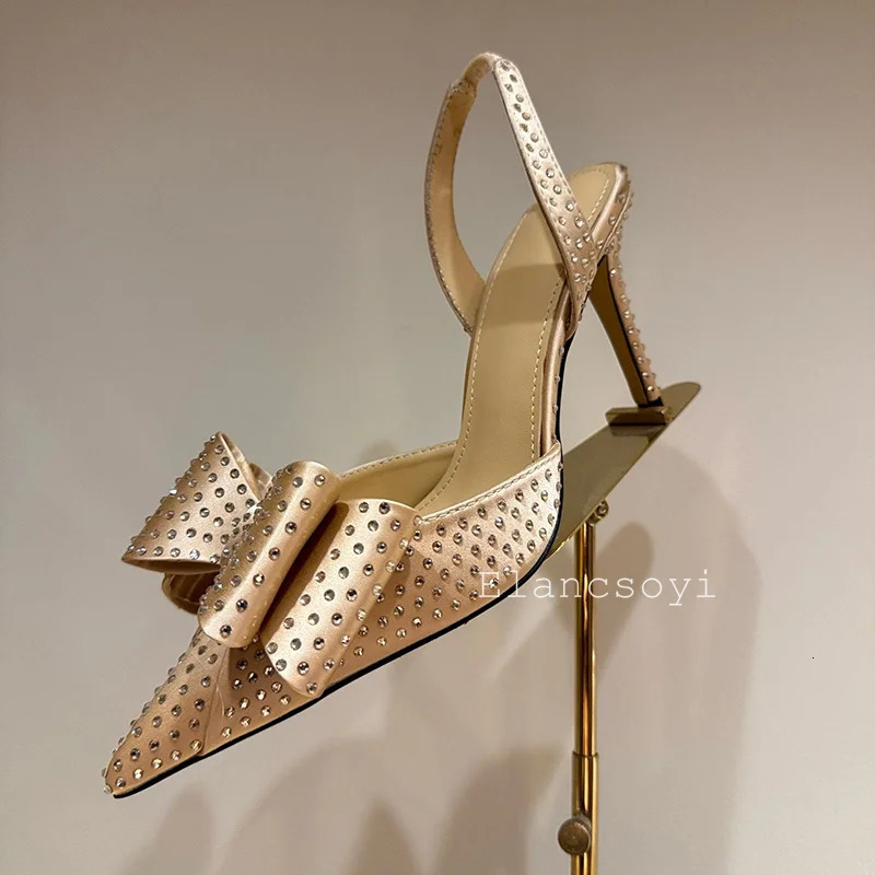 Sparkling Crystal Bow Decoration Thin High-Heeled Sandals Womens Satin Pointed End Sandalias Summer Fashion Party Dress Shoes 250613