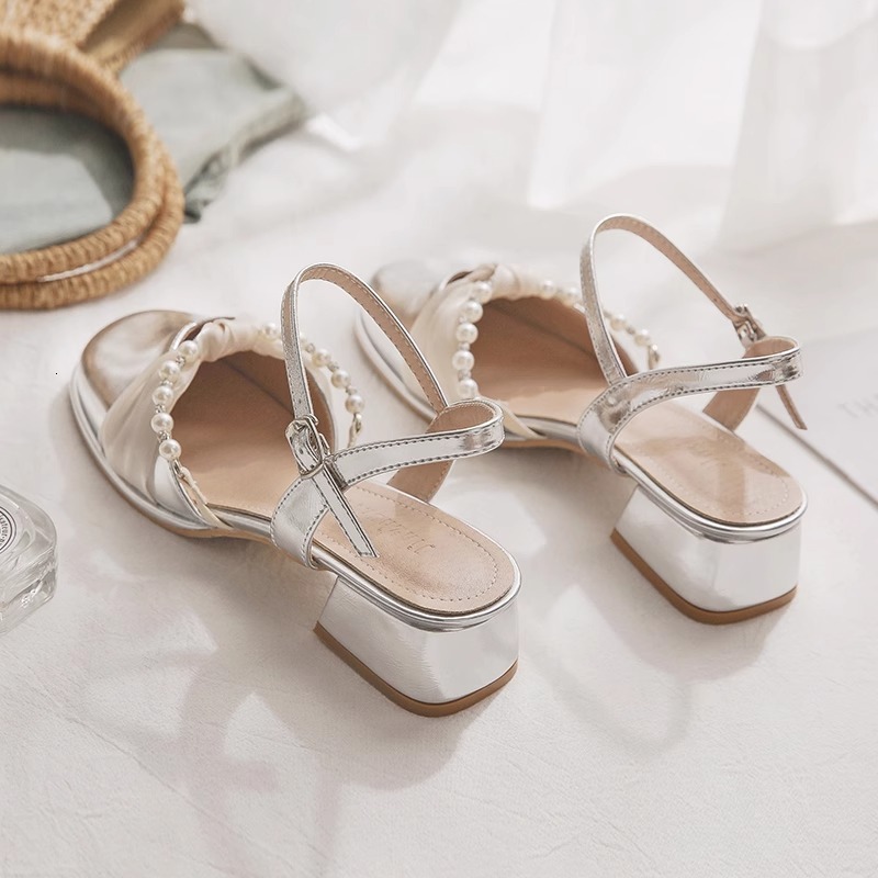 Ddmyoutdoor One Strap Closed Toe For Women French Stunning Silver Fairy Style Chunky Heel Mid Sandals To Match Skirts Outdoor Shoes