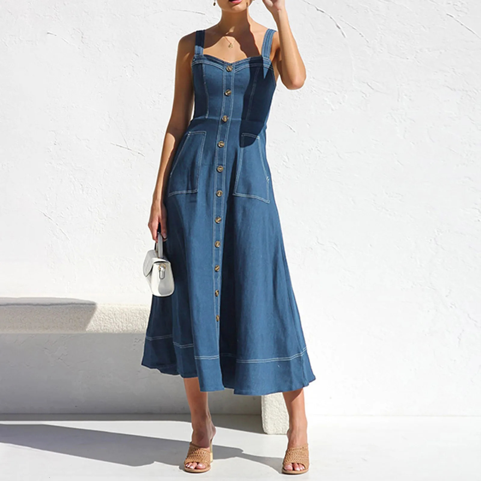 Casual Jeans Dresses For Summer Women Denim Suspender Dress Vintage Fashion Button Decoration Elegant Style Formal Party Vestido 250609