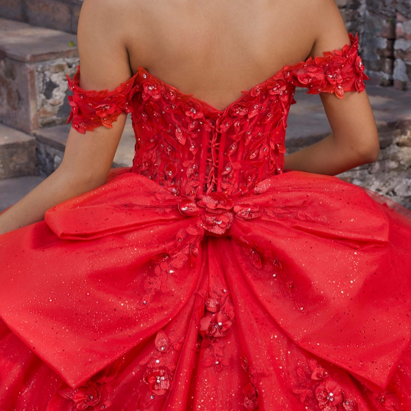 Red Shiny Quinceanera Dresses Ball Gown Off The Shoulder Applique Flower Beads Bow Tull Sweet 16 Dress Vestidos 15 De Anos