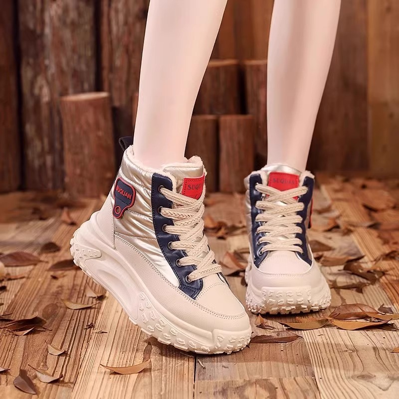 Ddmysports High Top Snow Boots Women Winter Fleece Lined Thickened Warm Non Slip Dad Shoes Harbin Thick Soled Height Increasing Cold Resistant Cotton 