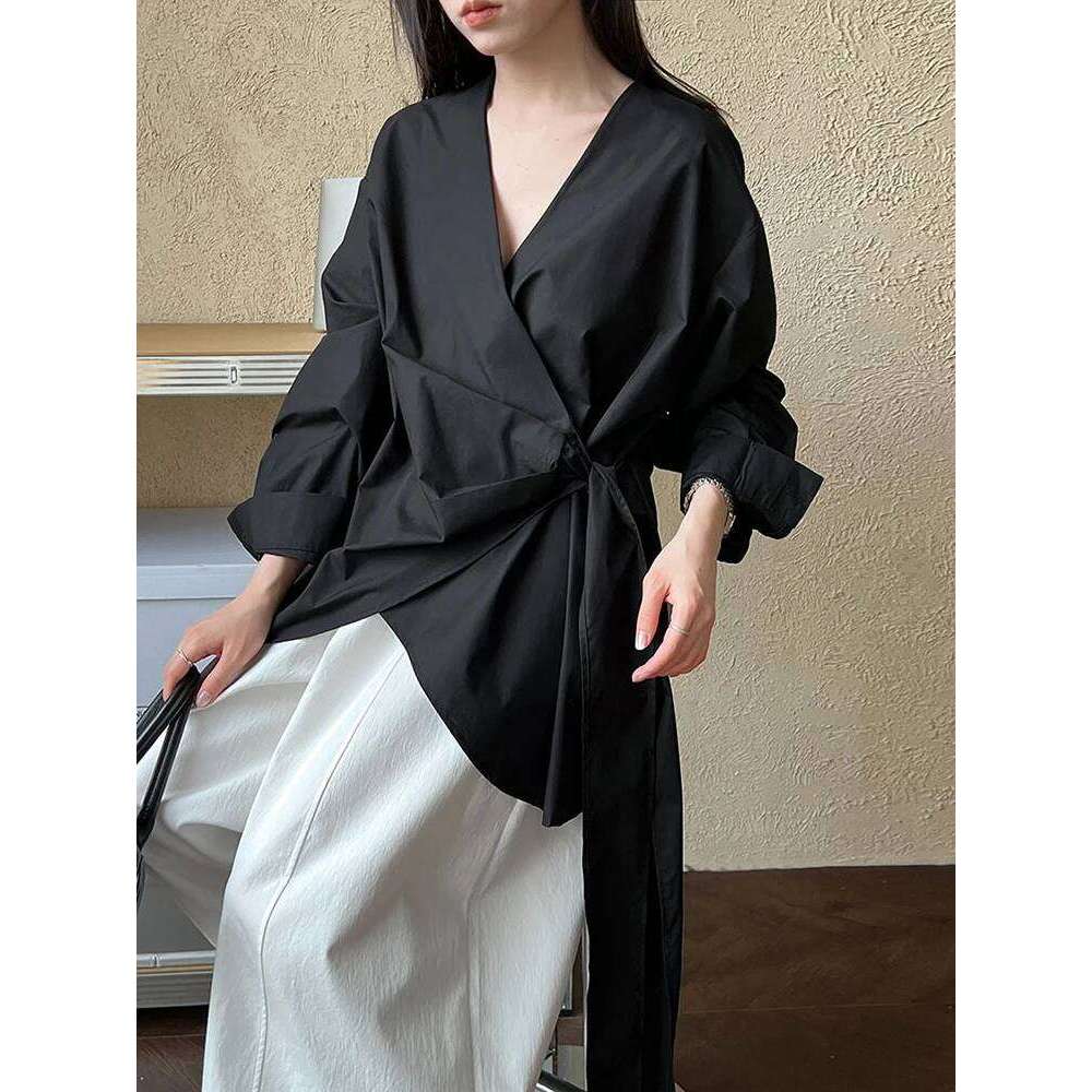 Women Black Bandage Elegant Irregular Big Size Blouse New V-neck Long Sleeve Shirt Fashion Tide Spring Autumn