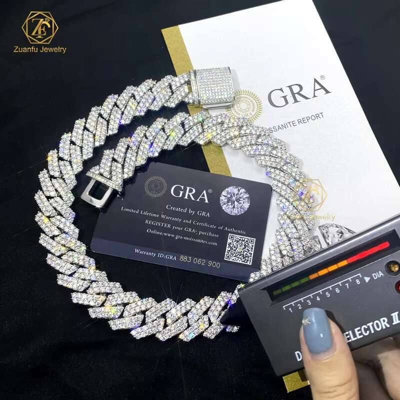 Hiphop Iced Out Cuban Chain VVS Moissanite 2 Rows Gold Cuban Necklace 925 Sterling Silver Diamond Moissanite Cuban Link Chain