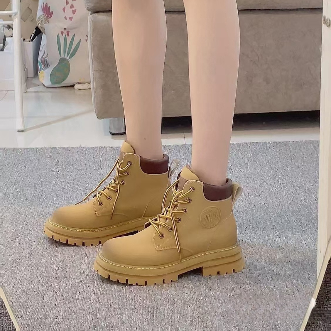 Ddmysports Trendy Yellow Martin For Women Autumn New Style Petite Thick Sole Chunky Heel Super Popular Street Short Boots Outdoor Shoes
