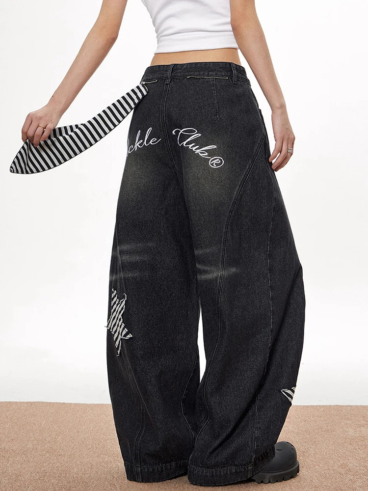 Black Womens Jeans High Waist Vintage n Hip Hop Baggy Denim Pants Street Y2K American Style Wide Leg Trousers 250612