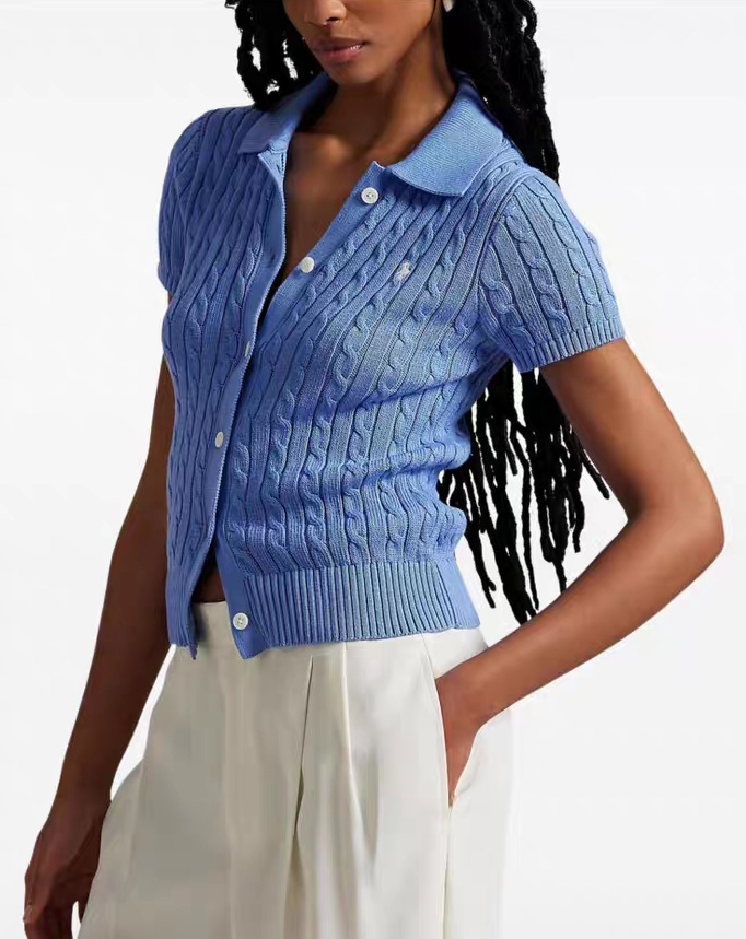 Womens Knits t shirts Summer New polo Short sleeve Vintage Twist Knitted Sweater Women Pink Grey Black Baggy Knitwear Pullover Jumper Female Clothing