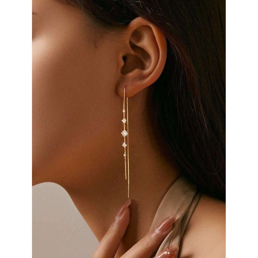 Gold Threader Women, 14K Dangle Long Drop Earrings Dangling, Dainty Elegant Dangly Ear Chain with Tassel and Cubic Zirconia for Wedding Hoco Trendy Je