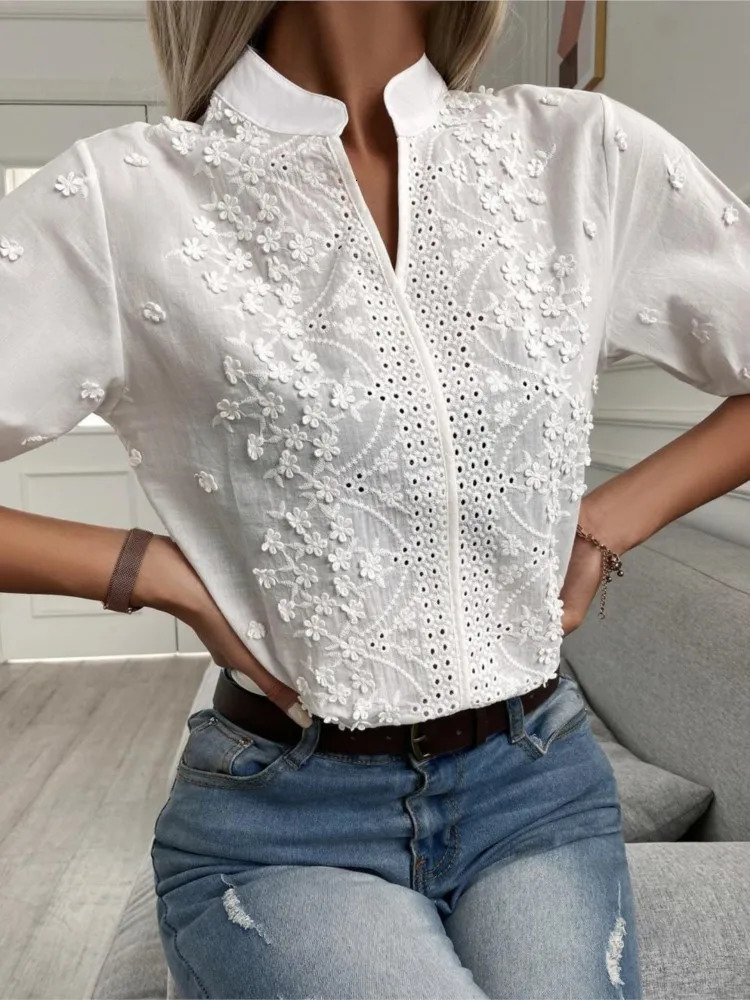 Summer Womens White Top Blouse Fashion Elegant V Neck Short Sleeve Casual Office Party Tops Shirts Female Lace Shirt 250614