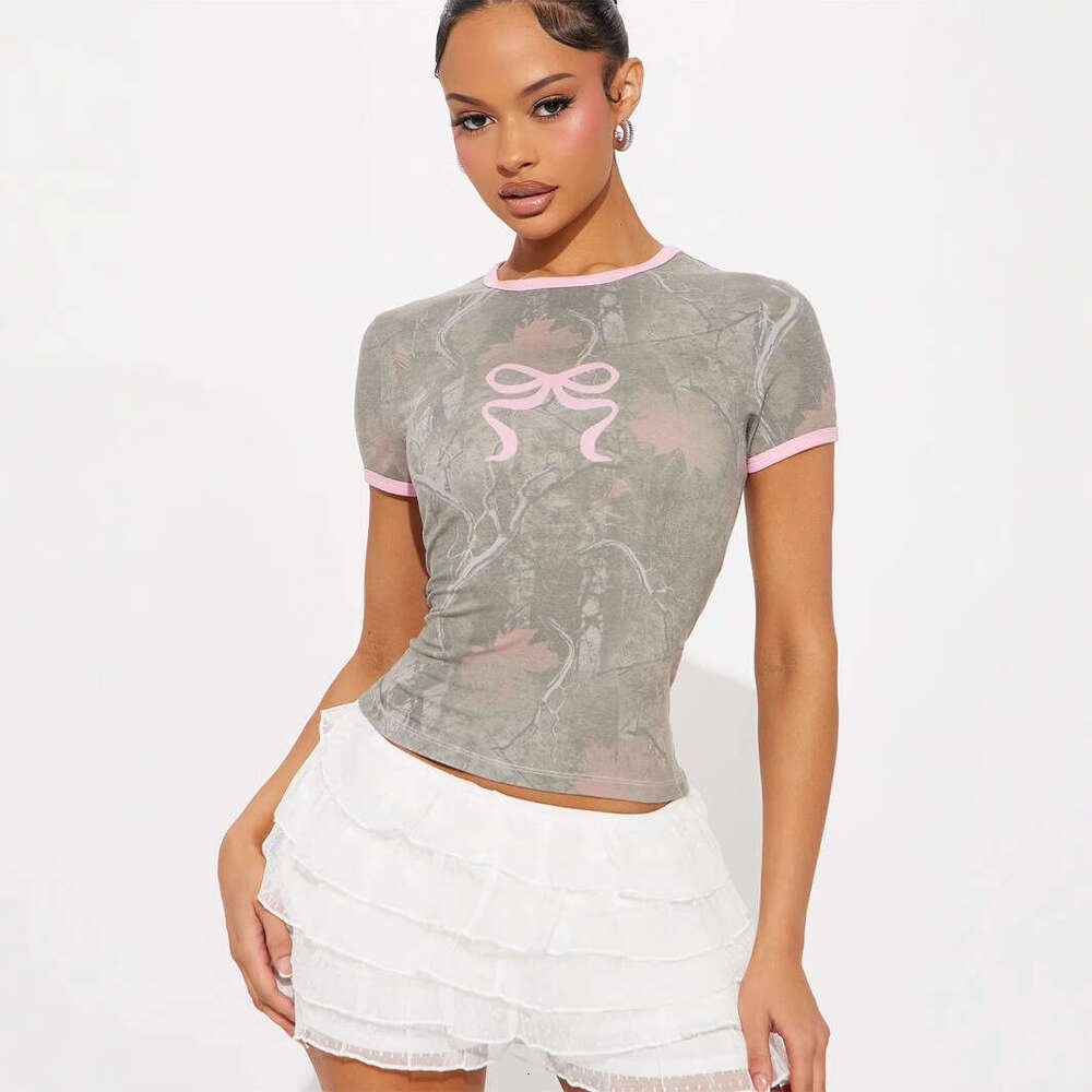 Summer New Women's Fashion Trend Color Block Bow Print Slim Fit Round Neck Short Sleeve Top B5