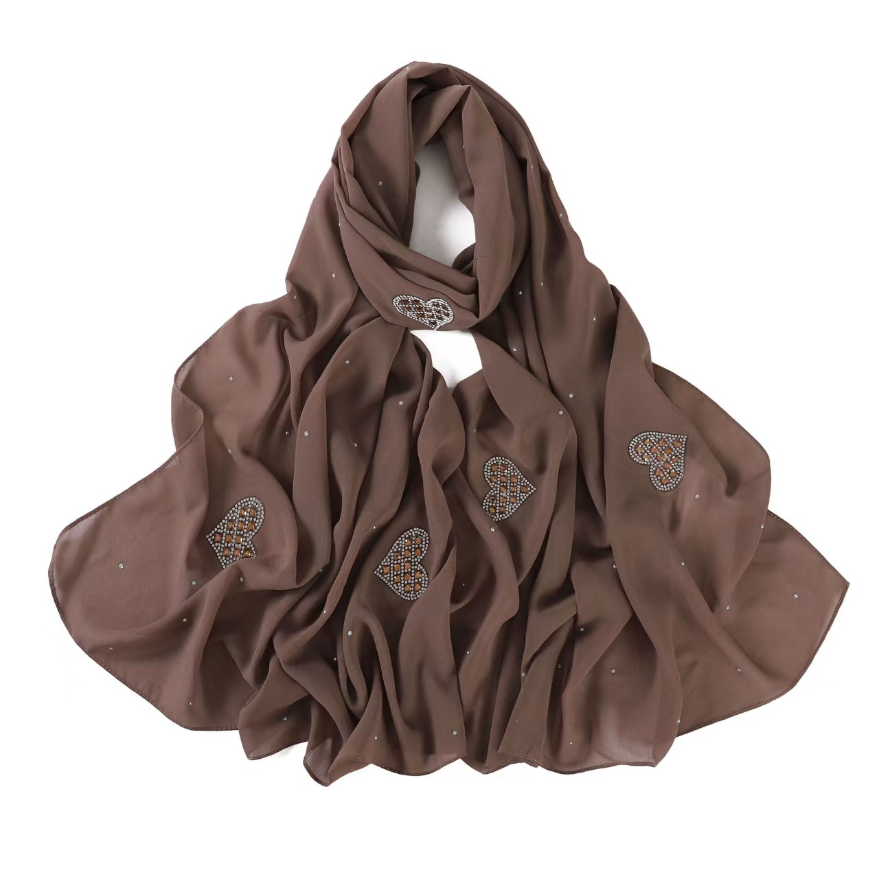 T963 New Fashion Heart Shaped Diamond Scarf Women's Pure Color Pearl Chiffon Head Scarf Long Scarf Hijab