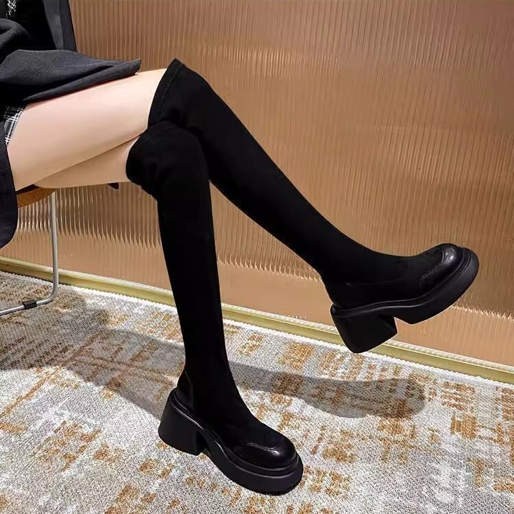 Ddmysports Autumn Winter New Thick Sole Height Increasing Elastic Slim Women Black Sock Petite Mid Calf High Long Boots Outdoor Shoes