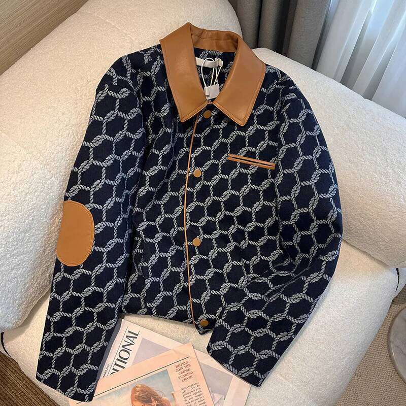 Trendy Women's Knit Print Patchwork Leather Denim Coat Autumn Fashion Lapel Long Sleeves Jacket Female 1LS128