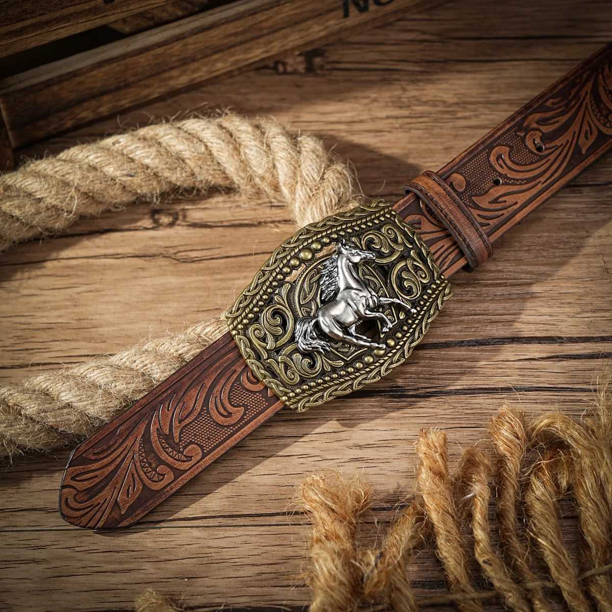 Western Cowboy PU Leather Belt - Men Waist Strap Bl Decoration Floral Engraved for Jeans X2506141