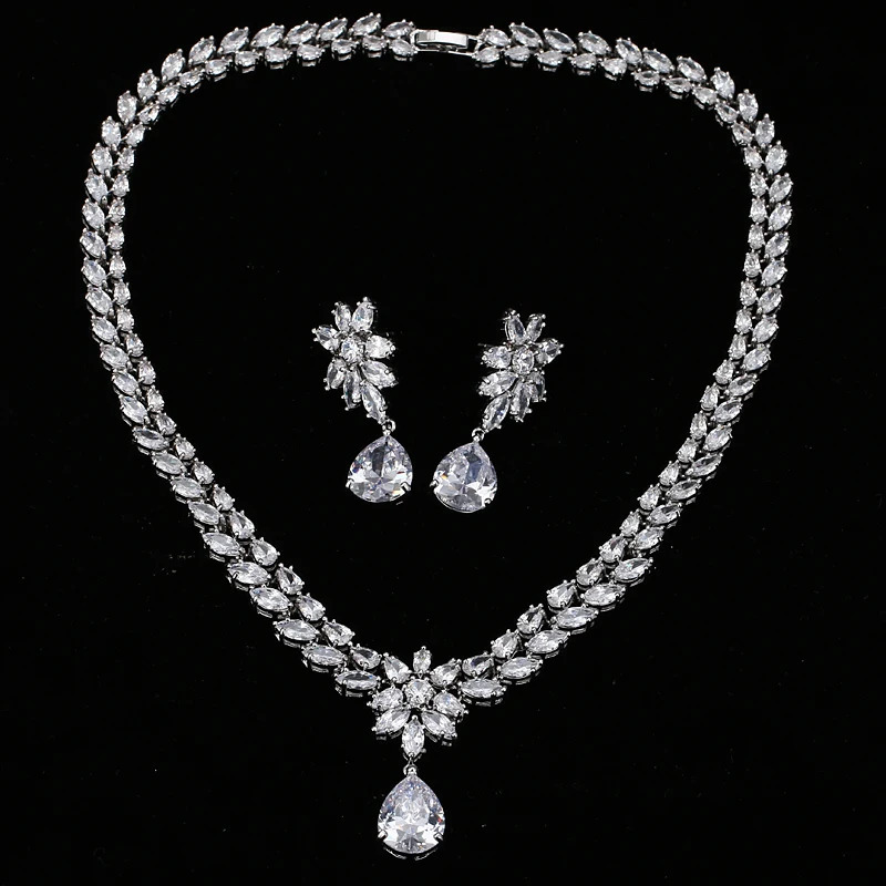 EMMAYA Romantic Trendy Flower Water Drop CZ Wedding Jewelry Sets For Brides Silver-color 250530