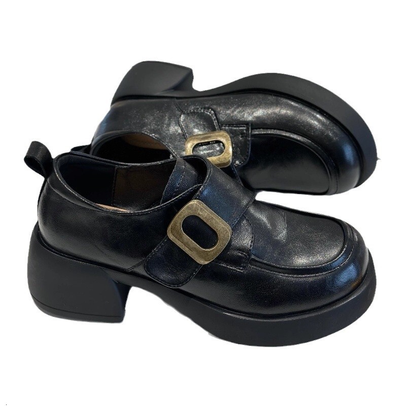 Ddmysports Autumn Magic Tape Loafers Height Increasing Thick Sole British Style Chunky Heel Leather Shoes Outdoor Shoes
