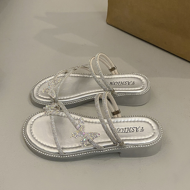 Ddmyoutdoor Stunning Women S Slippers Summer New Trendy Butterfly Rhinestone One Strap Fairy Style Beach Two Way Sandals Outdoor Shoes