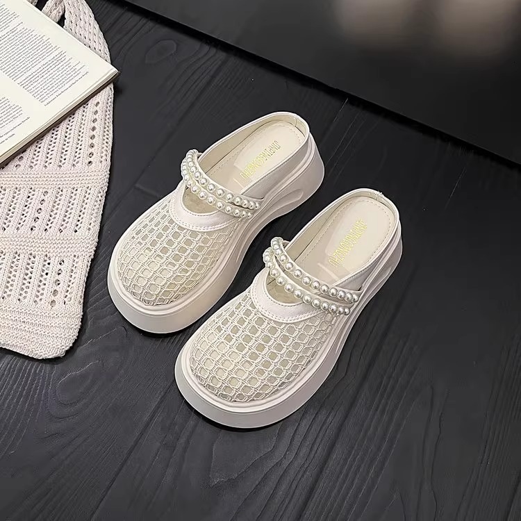 Ddmysports New Thick Soled Height Increasing Pearl Super Popular Slip On Closed Toe Half Slippers For Women Summer Outdoor Hollow Out Sandals Outdoor 