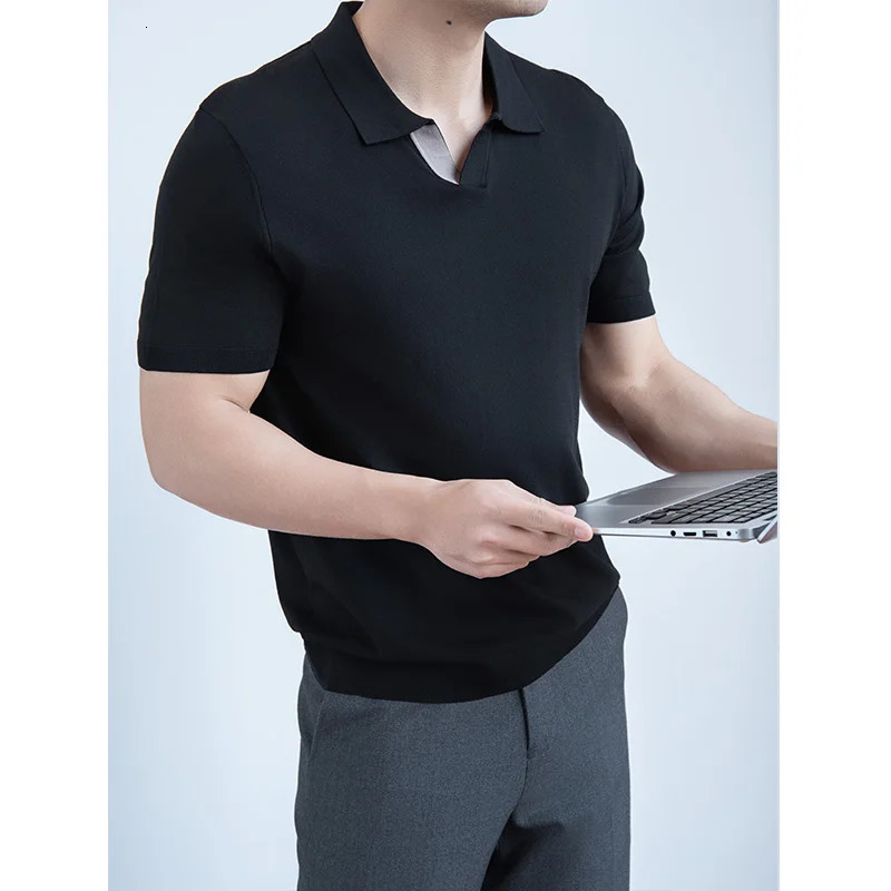Summer Casual Polo Shirt Mens Vneck Solid Color Thin Knitted ShortSleeved Tshirt Korean Lapel Breathable Tshirt 250612