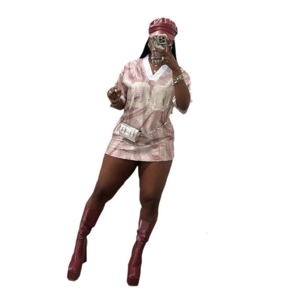 (No Returns Or Exchanges) New V-Neck Printed Sports Jersey Style Loose Casual Dress B5