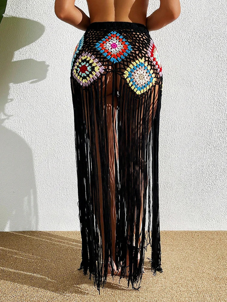 Cover Ups Crochet Long Fringe Tassel Beach Dress Hollow Out Swimwear Bathing Suit Beachwear Tunics Halflength Drawstring Skirt 250614