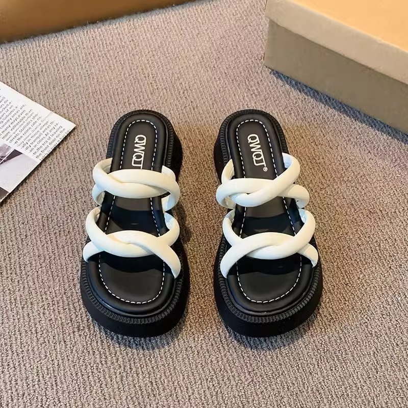 Ddmysports Korean Style Dress For Women Summer New Stunning Thick Sole Height Increasing One Strap High Heel Slippers Outdoor Shoes