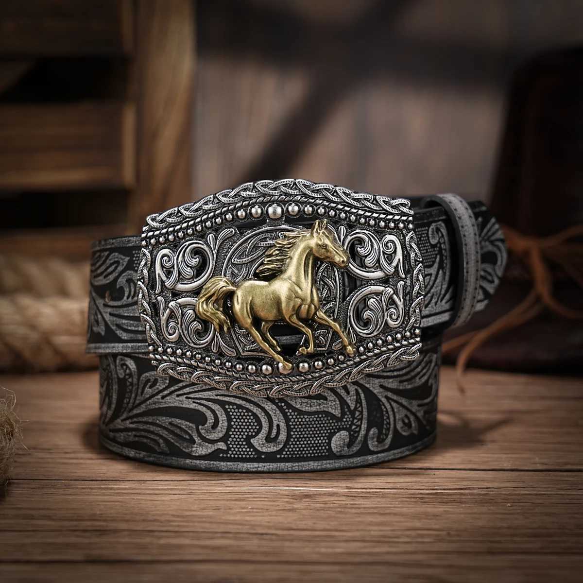 Western Cowboy PU Leather Belt - Men Waist Strap Bl Decoration Floral Engraved for Jeans X2506141
