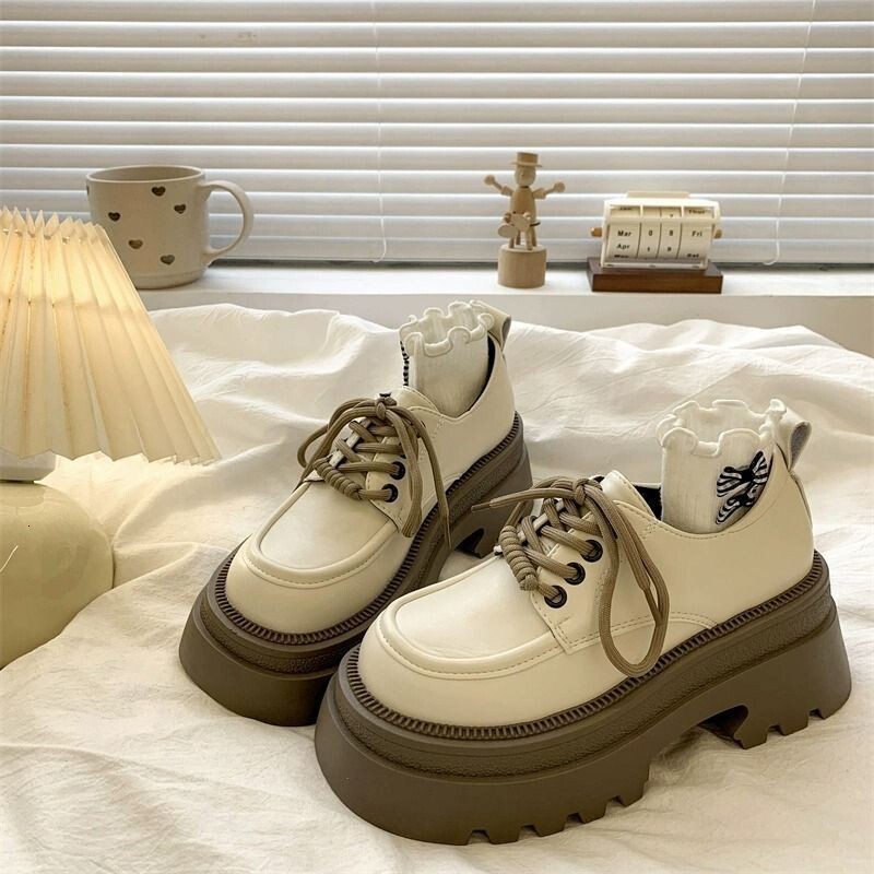 Ddmysports New Autumn Winter British Style Lace Up Plush Lined Women S Thick Soled Loafers Height Increasing JK Single Shoes Outdoor Shoes