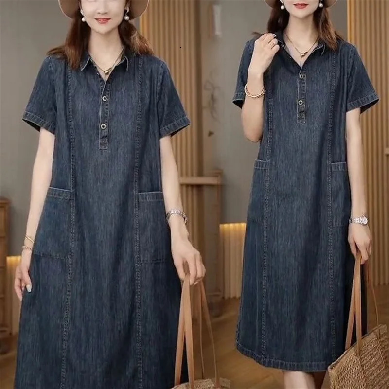 Short sleeved Shirt Denim Dress for women 2025 Summer Korean version Loose with pockets Casual Thin Denim Dress Female 250609