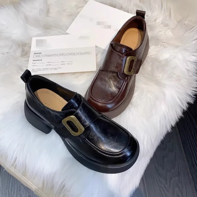 Ddmysports Autumn Magic Tape Loafers Height Increasing Thick Sole British Style Chunky Heel Leather Shoes Outdoor Shoes