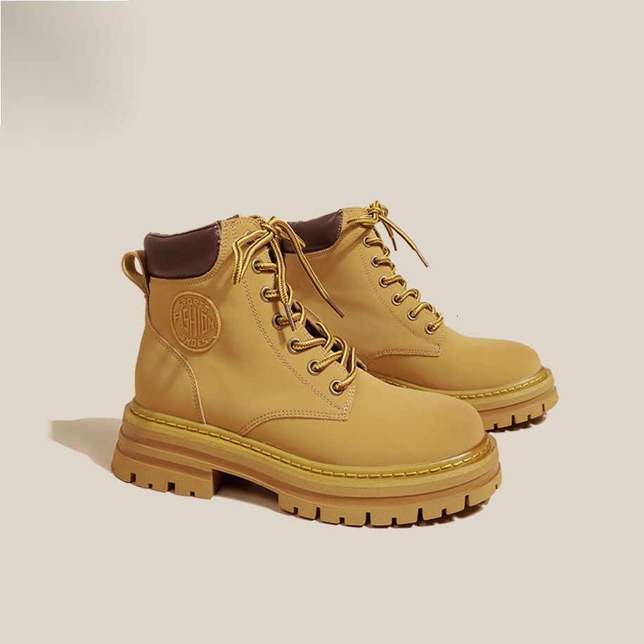 Ddmysports Autumn Winter New British Style Yellow High Appearance Versatile Martin Thick Sole Round Toe Short Boots Outdoor Shoes