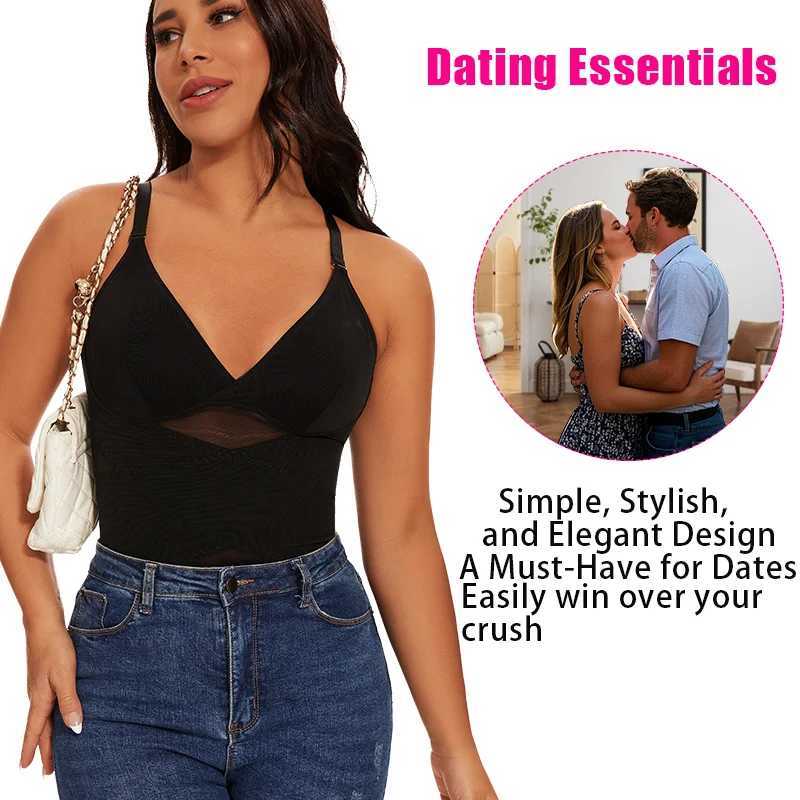 Women Built-in Bra Tank Top Compression Cross Mesh Corset Tummy Control Body Shaper V Neck Slimming Bustier Sexy Underwear XJ250614