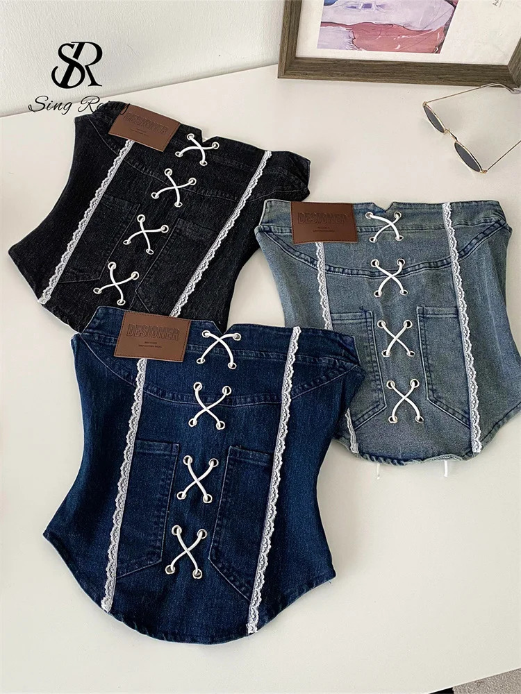 SINGREINY Denim Camisole Female Strapless Cross Ruched Backless Lace Mini Top Fashion Elastic American Retro Sexy Tank Top 250611