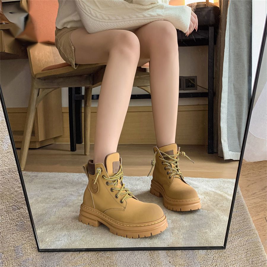 Ddmysports Autumn Winter New British Style Yellow High Appearance Versatile Martin Thick Sole Round Toe Short Boots Outdoor Shoes