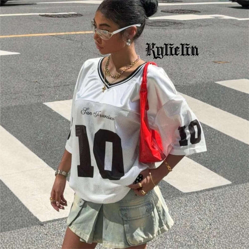 New Sports Style Jersey Fashion Print V-Neck Loose Casual Short Sleeve Color Block Top T-Shirt B5