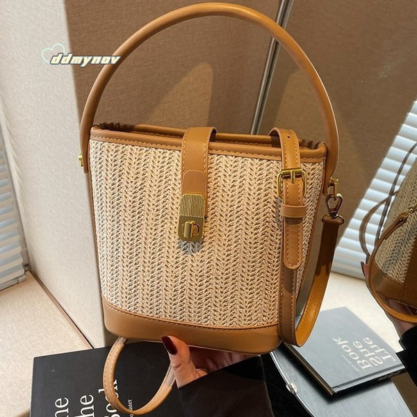 French Style Imitation Grass Woven for Women 2025 New Fashion Large Capacity Bucket Versatile Casual Handbag Crossbody Bag ddmynov