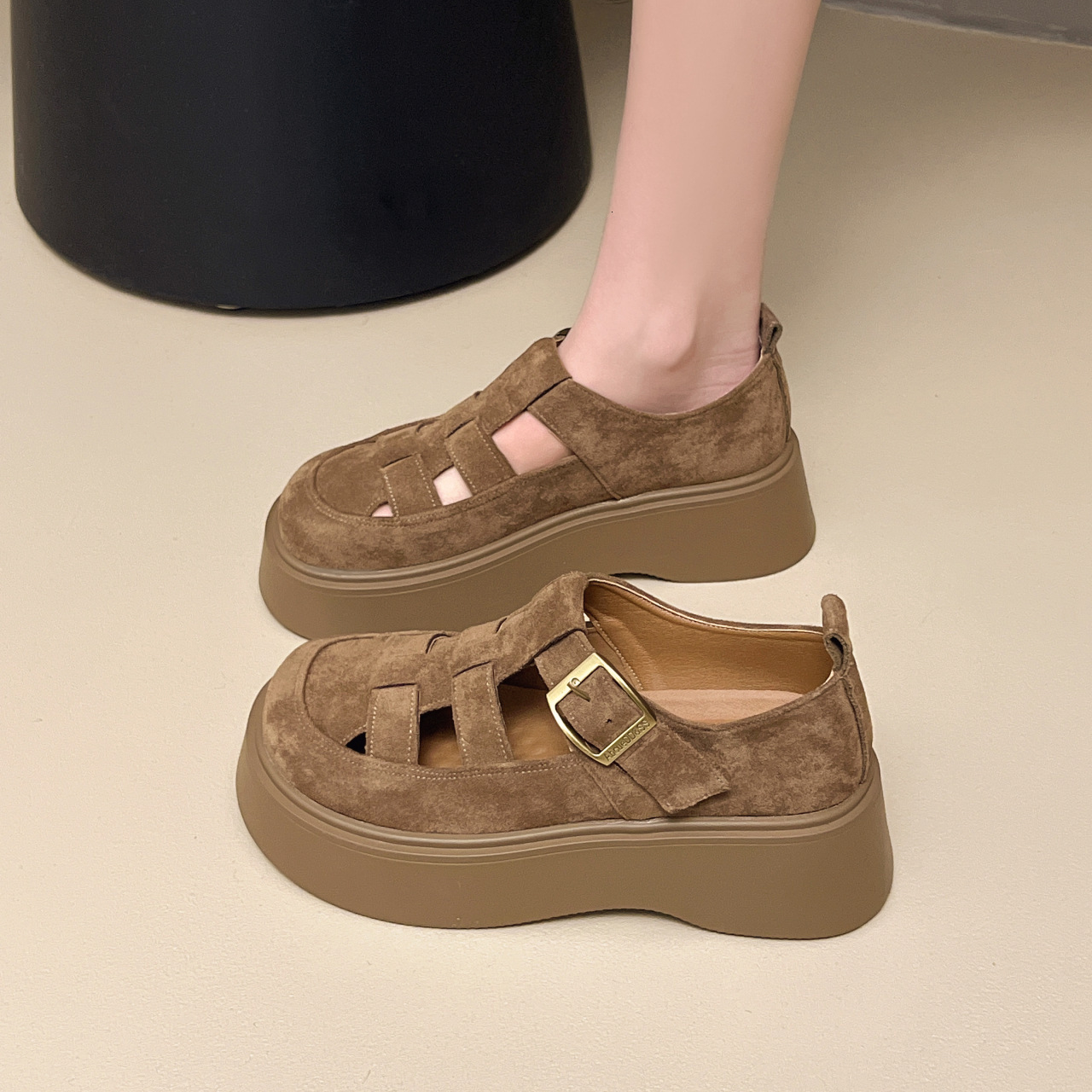 Ddmyoutdoor Summer New Thick Soled Woven Bag Sandals Korean Mid Heel Single Hollow Solid Color Fashion Leather Shoes For Women Outdoor Shoes