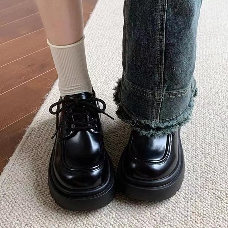 Ddmyoutdoor Black Chunky Heel Women S Leather British Style Spring Summer Lace Up JK Height Increasing Mary Jane Loafers Commuter Work Shoes Outdoor S