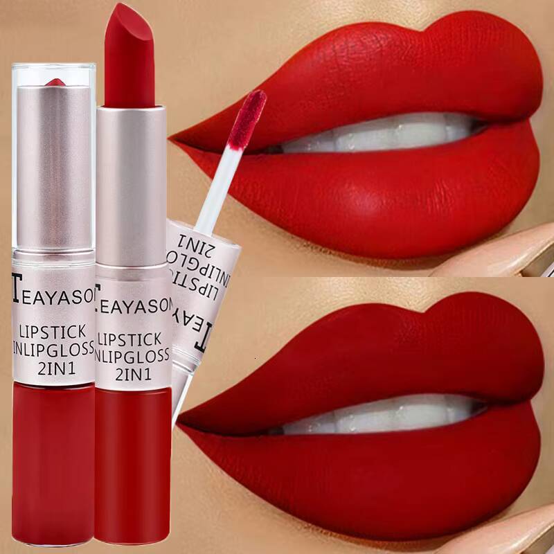 1Pc Long Lasting Velvet Double Head Non-stick Cup Lip Gloss Waterproof 2 in 1 Matte Red Lipstick Makeup happy