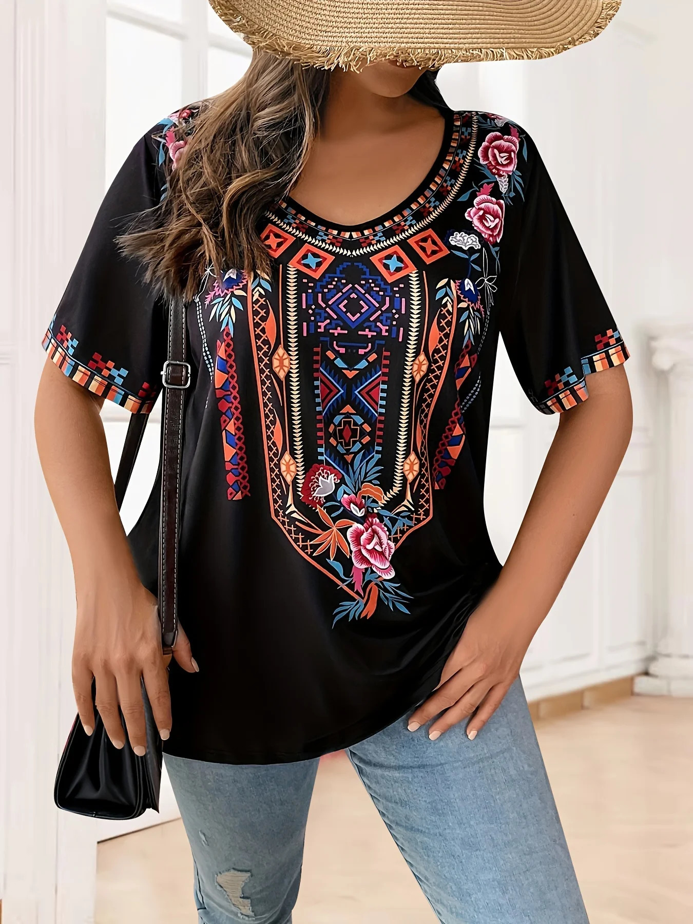 Plus Size Womens TShirt Boho Harajuku Graphic Print Summer Short Sleeve Casual Tops Street Fashion Female Clothing 250614