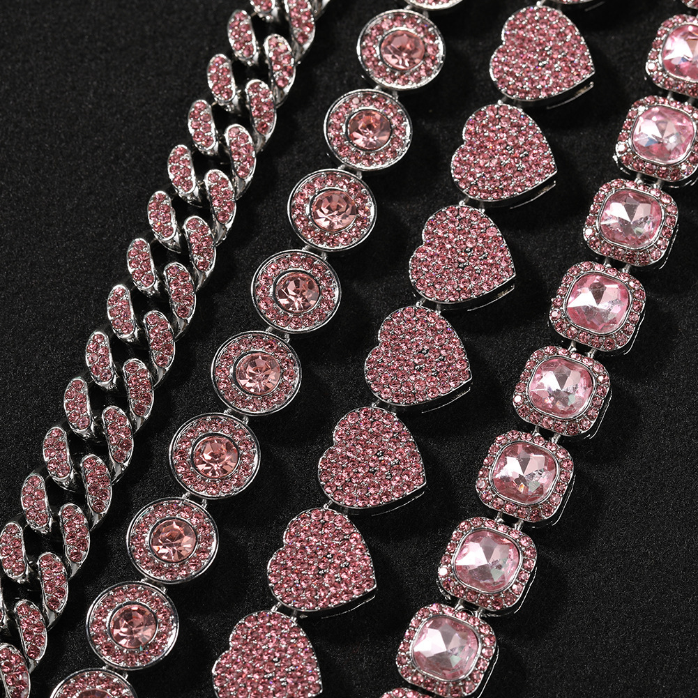 Fashionable and versatile pink diamond alloy bracelet simple geometric heart bracelet womens new cool trendy hip-hop bracelet Bling Hip Hop Rapper Jew