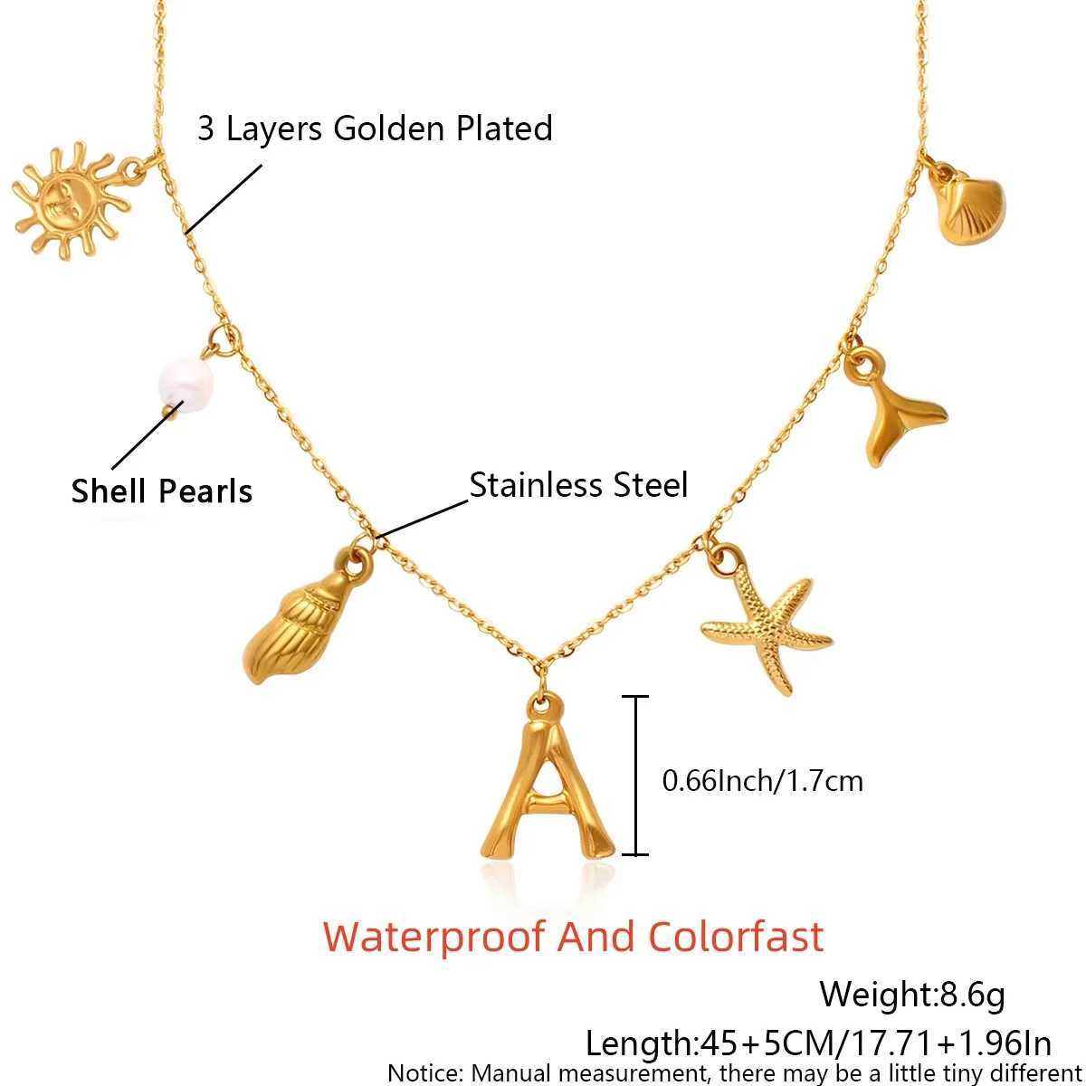MHS.SUN Starfish Shell Initial Necklace Waterproof 18K Gold Plated Stainless Steel Charm Necklaces Surfer Girl Summer Beach Gift Z250614