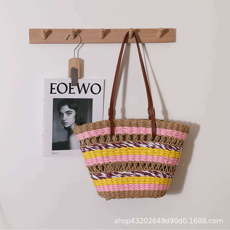 Straw Beach Tote French Hollow Out Single Shoulder Straw New Ethnic Style Color Block Handwoven For Women Vacation Beach Bag Straw Large Tote