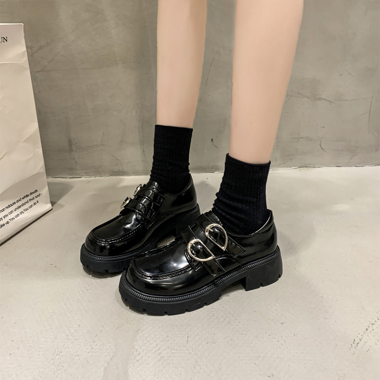 Ddmysports Petite Height Increasing Versatile Loafers For Women Autumn New Black JK British Style Thick Sole Leather Shoes Outdoor Shoes