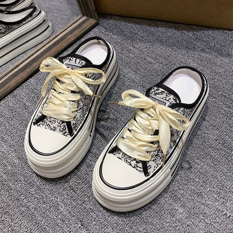 Ddmysports High End Closed Toe Slippers For Women Outdoor Wear Summer New Style Chinese Embroidered Thick Soled Backless Canvas Shoes Outdoor Shoes