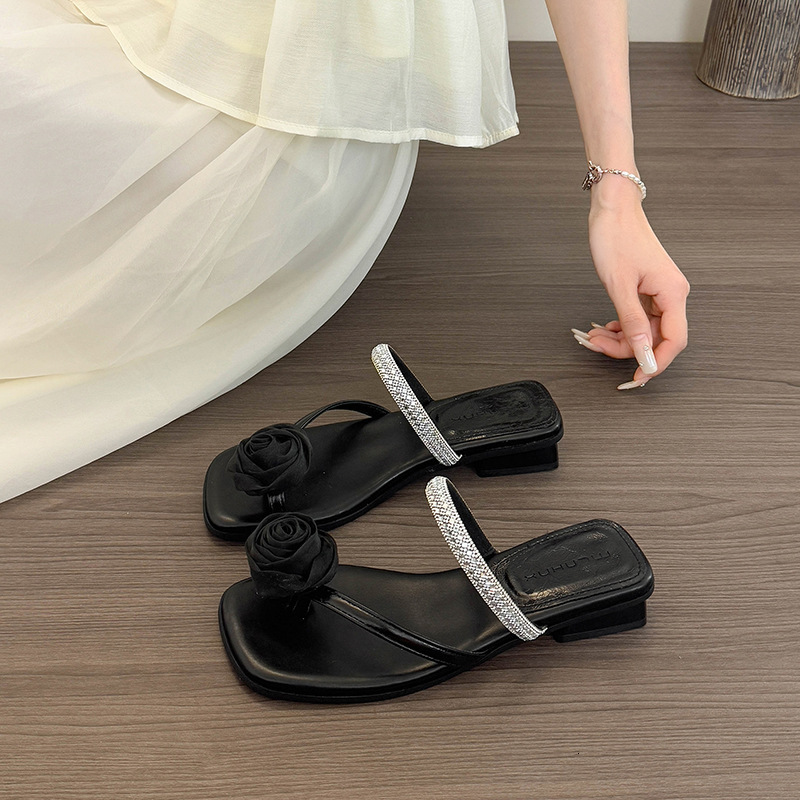 Ddmyoutdoor French Chunky Heel Slippers For Women Summer New Fairy Style Flower Rhinestone Toe Ring Dress Sandals Outdoor Shoes