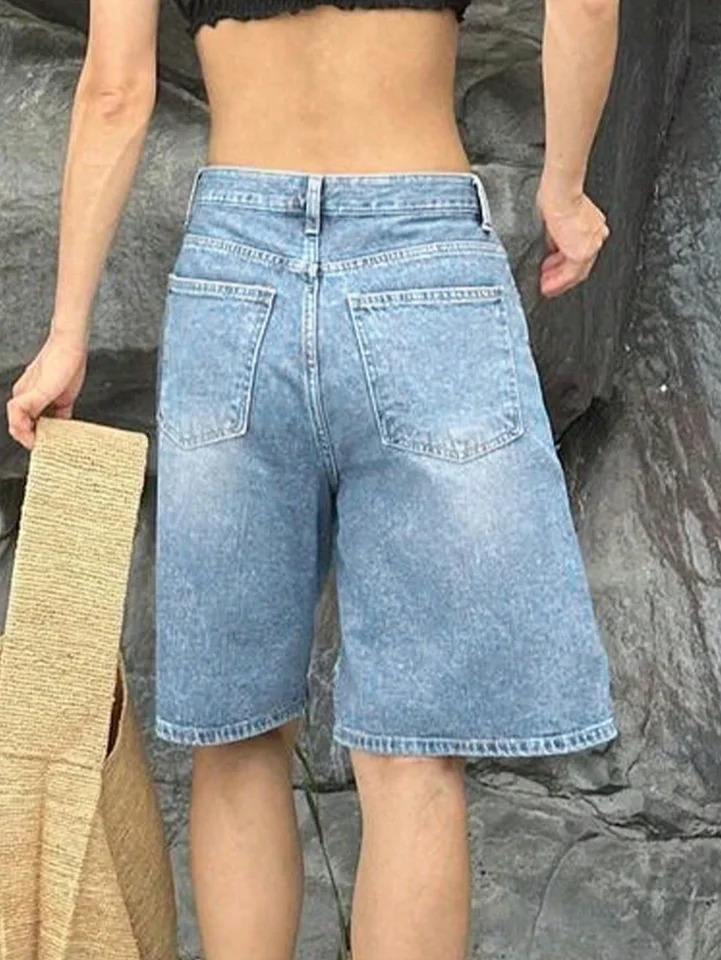 Y2K Summer Denim Shorts for Women Streetwear 90s Washed Cat Whiskered Casual Loose Knee-length Comfy Bermuda Jorts 250613
