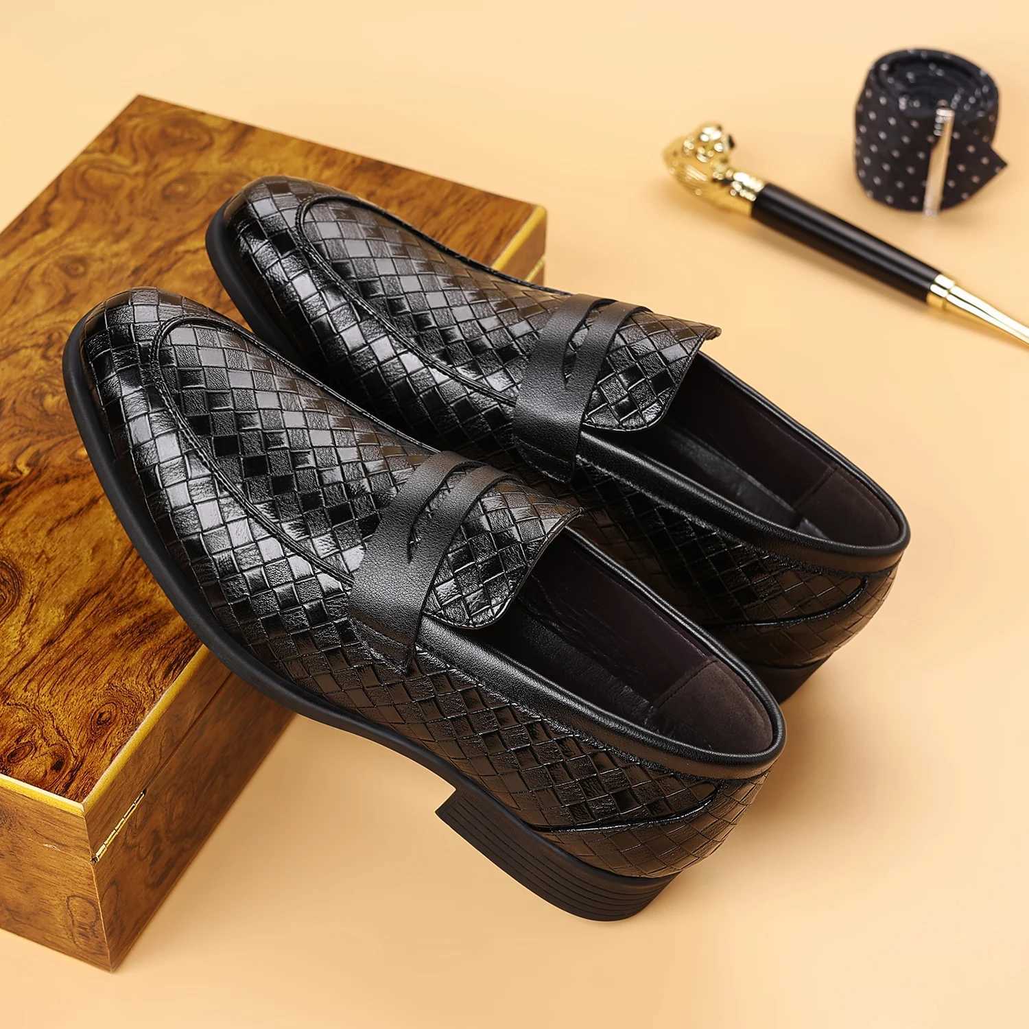 Mens Woven Penny Loafers - Mens Dress Shoes with Slope Heel Mens Formal Shoes for Business Wedding Party XJ250614